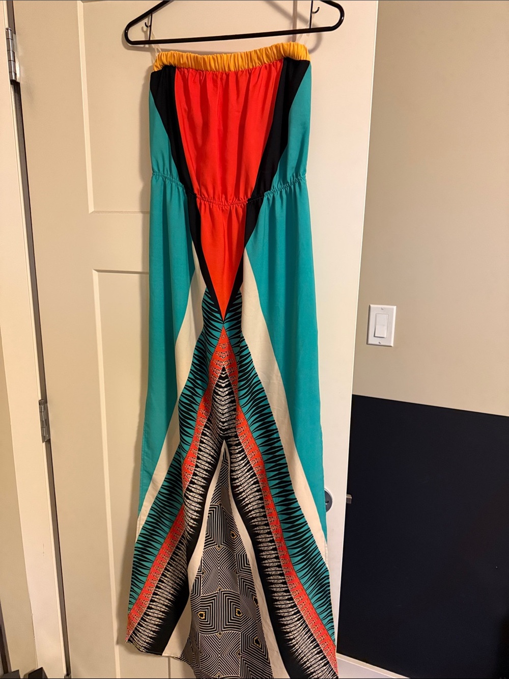 Tyche Strapless Maxi Dress in Teal, Red, Yellow, Black & Cream